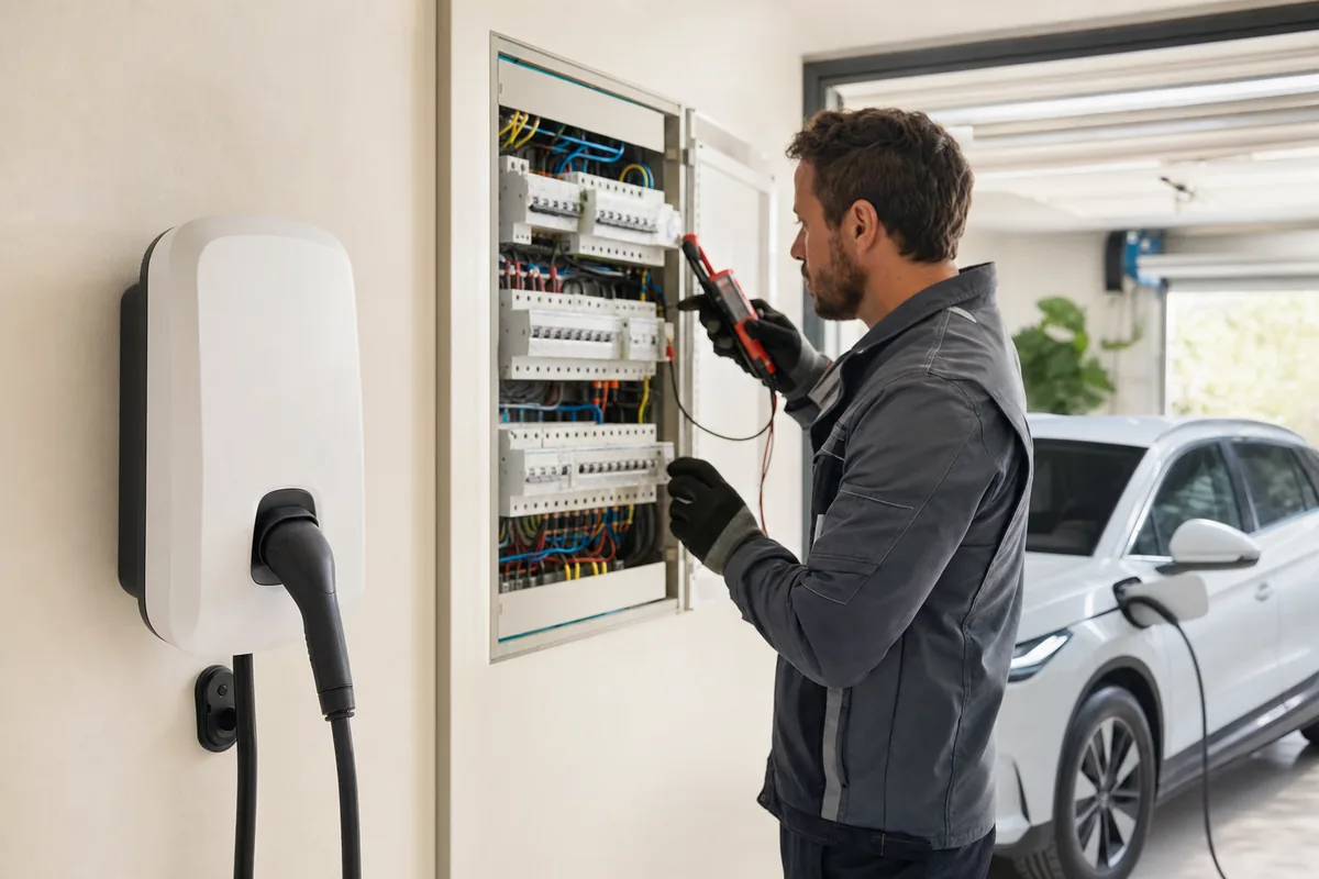 Électricien IRVE contrôlant le disjoncteur d’une borne de recharge dans un tableau électrique
