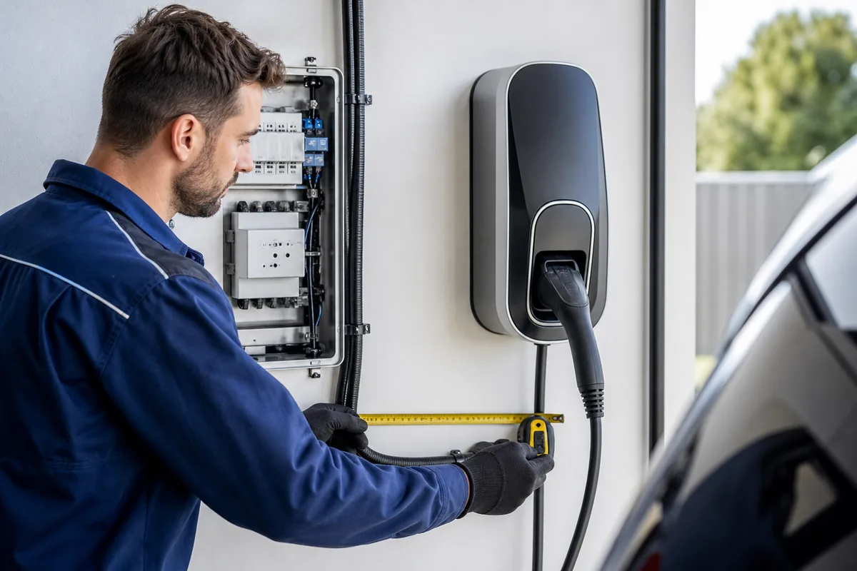 Électricien IRVE mesurant le passage de câble entre un tableau électrique et une borne de recharge
