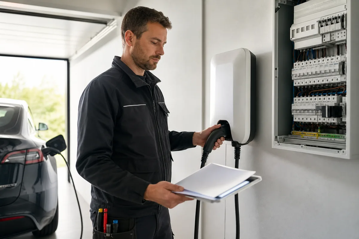 Électricien IRVE vérifiant une wallbox avec les documents de garantie avant la pose