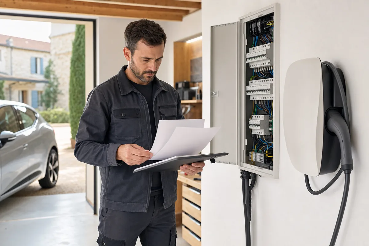 Installateur IRVE comparant un devis de borne de recharge à Chartres devant un tableau électrique