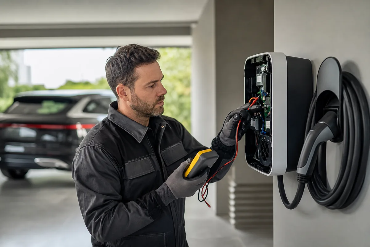 Électricien qualifié IRVE contrôlant une borne de recharge murale dans un garage