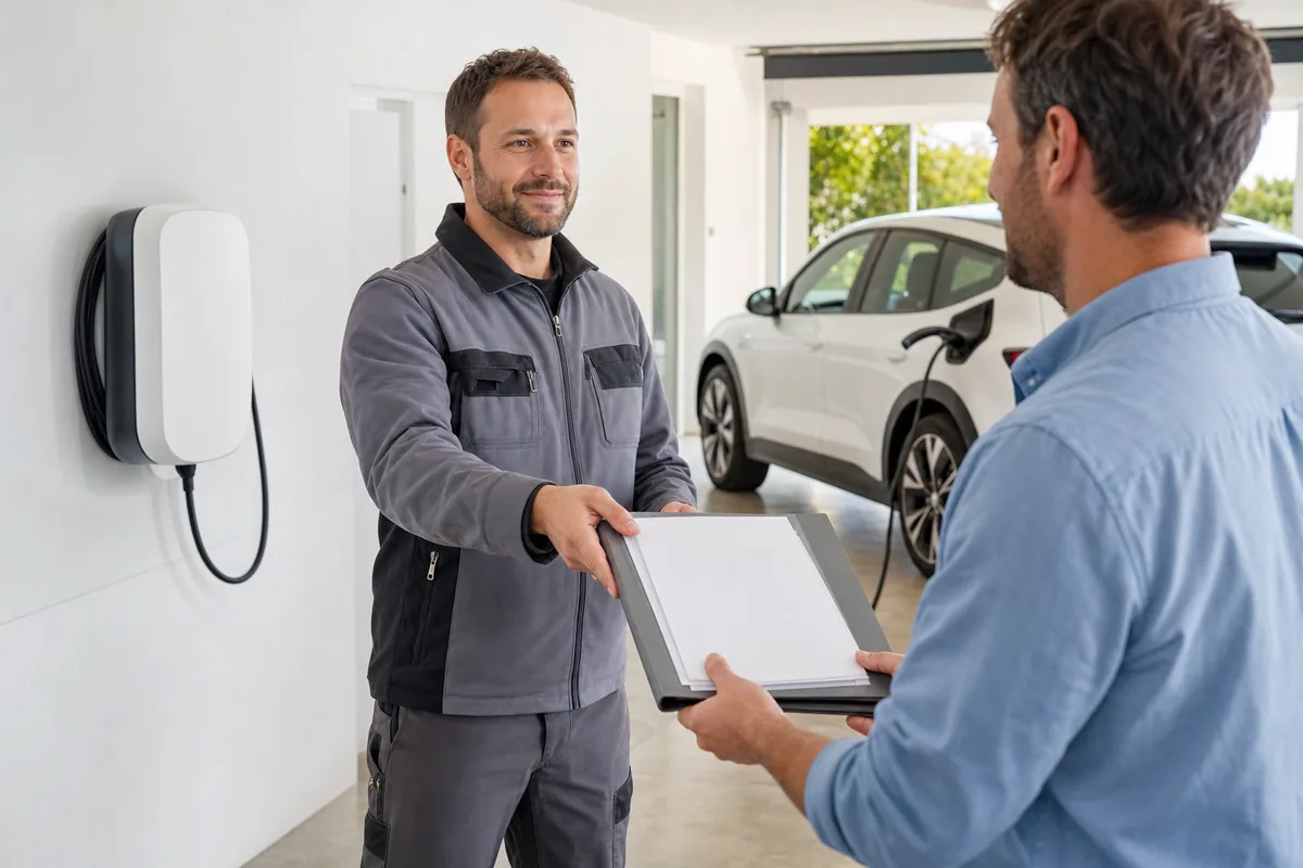 Électricien IRVE remettant les documents après l’installation d’une borne de recharge à domicile