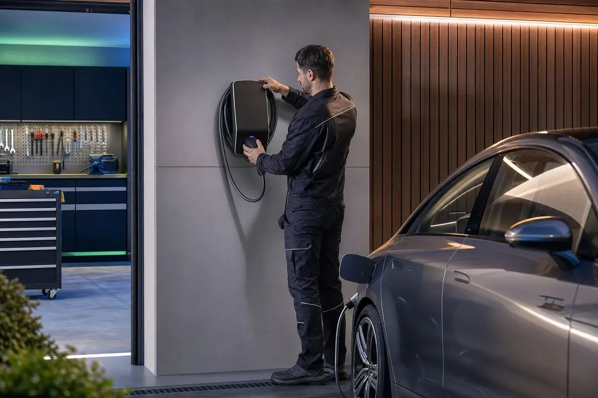 Installation d’une borne murale 7,4 kW dans un garage moderne avec voiture électrique