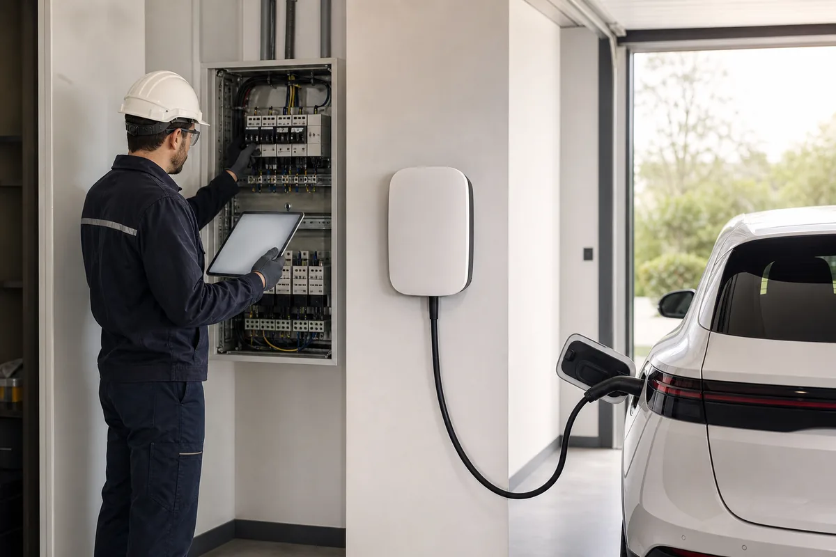 Électricien IRVE vérifiant un tableau électrique et une borne de recharge avant validation d’un devis
