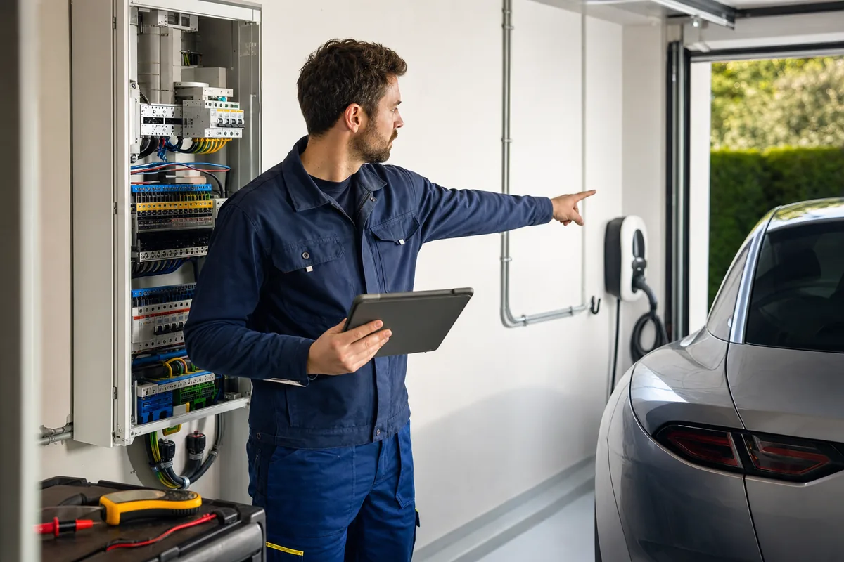 Électricien IRVE contrôlant un tableau électrique lors d’une visite technique avant pose de borne de recharge