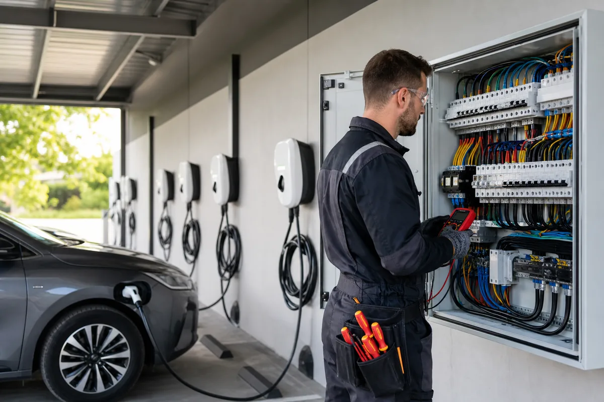 Électricien IRVE contrôlant plusieurs bornes de recharge et un tableau électrique