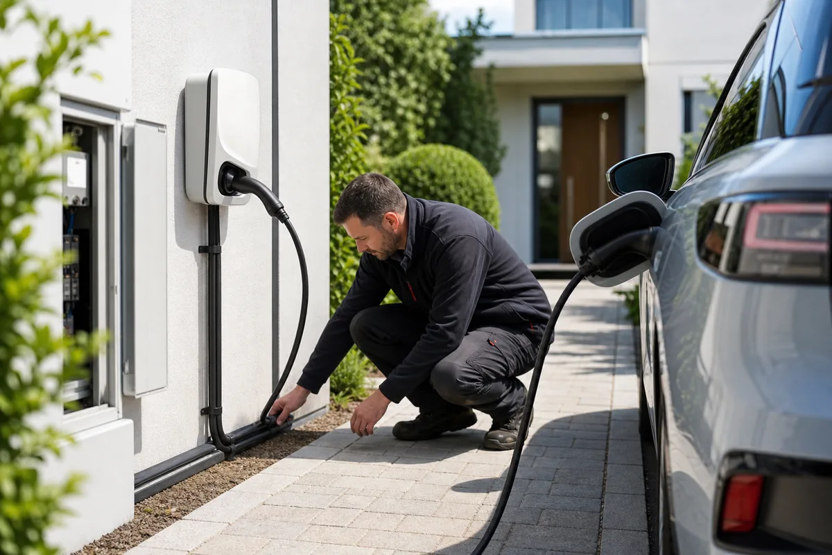 Électricien IRVE contrôlant une borne de recharge installée dans une allée extérieure