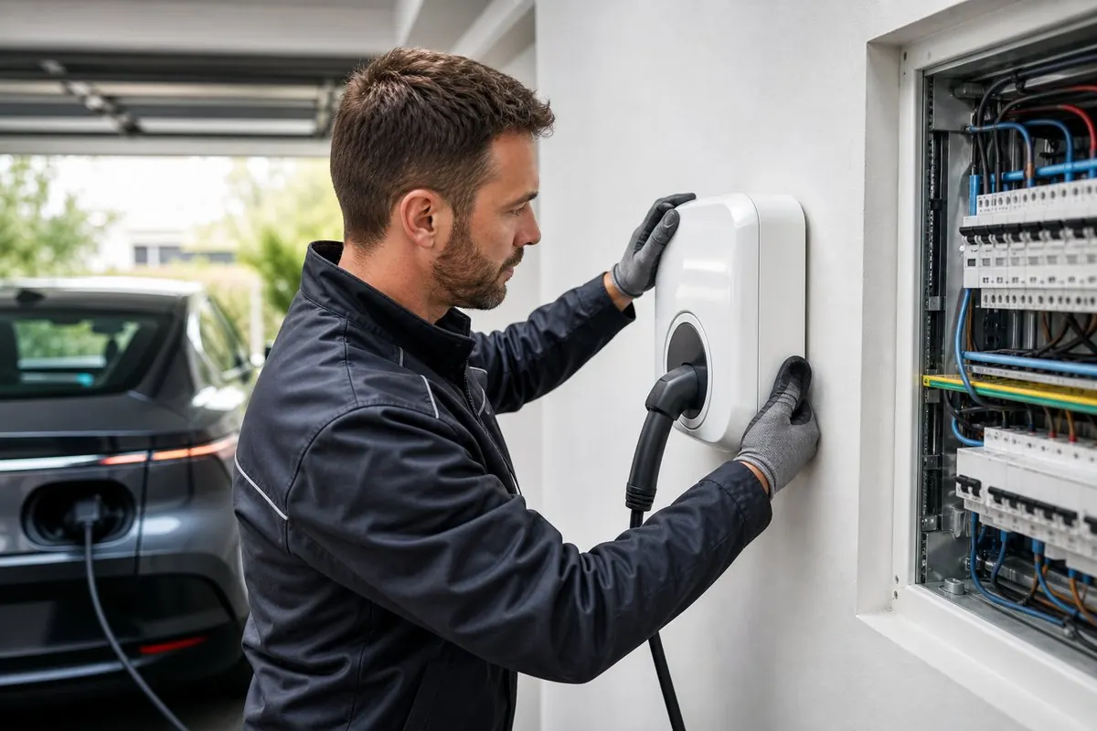 Électricien IRVE qui installe une borne de recharge murale dans un garage résidentiel