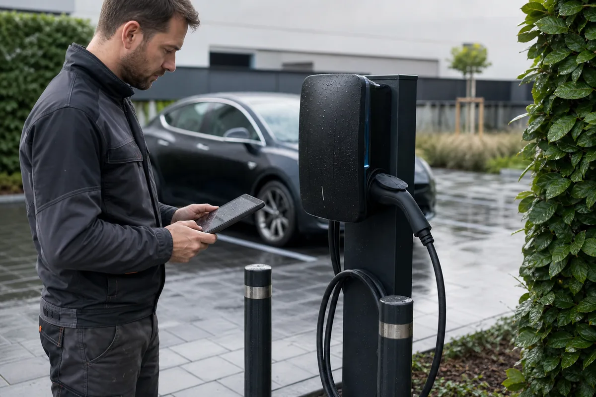 Borne de recharge installée sur un parking extérieur avec protections mécaniques