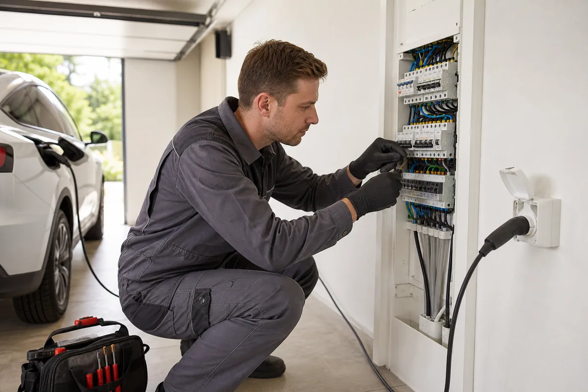 Électricien IRVE contrôlant une prise renforcée et un tableau électrique dans un garage avec voiture électrique