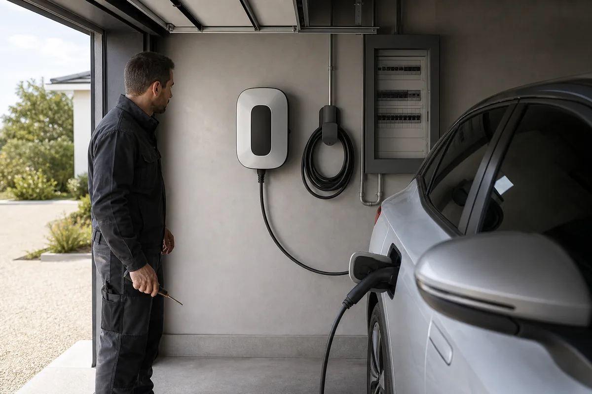 Wallbox installée dans un garage avec voiture électrique et électricien IRVE