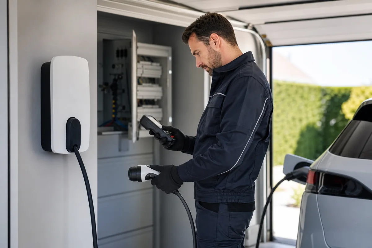 Électricien IRVE vérifiant une wallbox domestique pendant une opération de maintenance