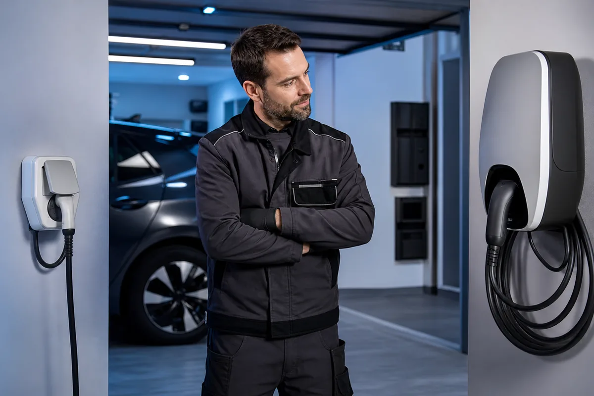 Électricien IRVE comparant une prise renforcée et une wallbox dans un garage résidentiel