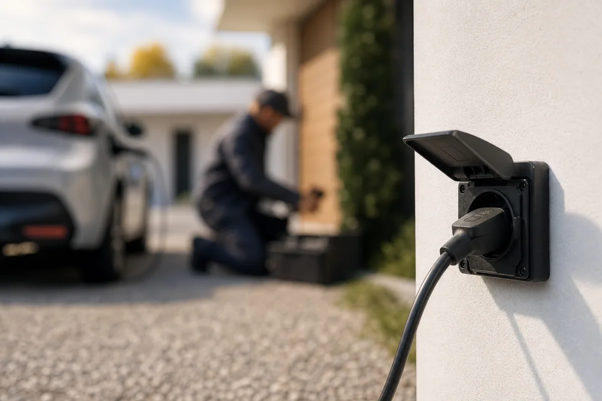 Prise renforcée extérieure avec câble de recharge pour voiture électrique devant une maison