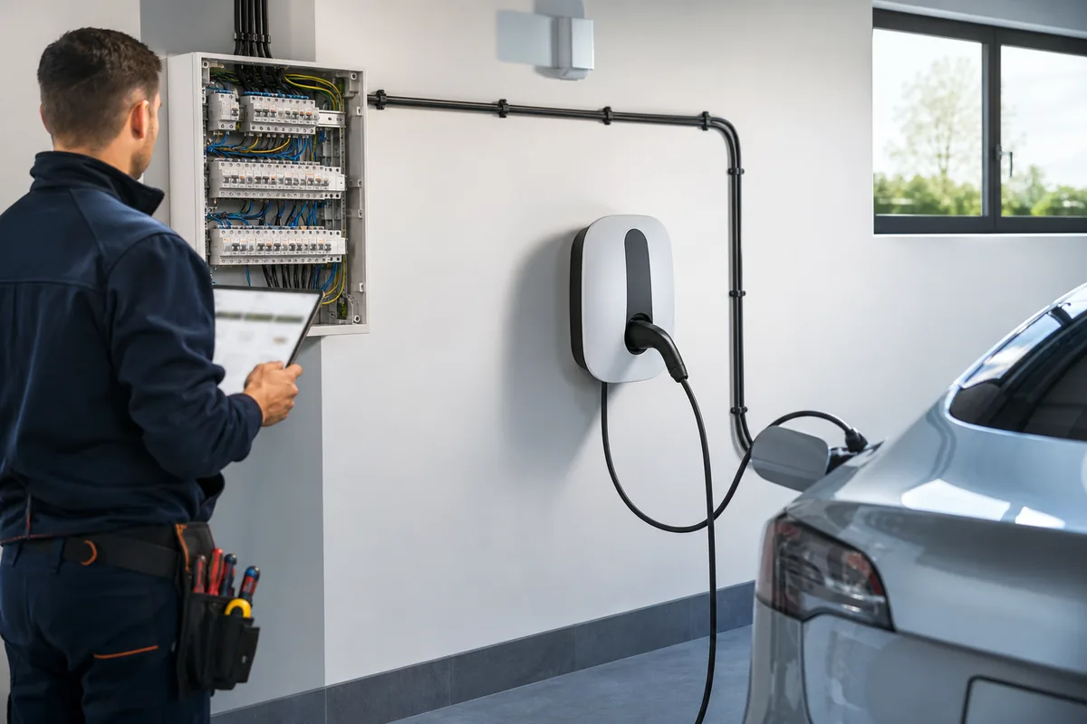 Borne de recharge installée dans un garage avec tableau électrique ouvert et électricien IRVE