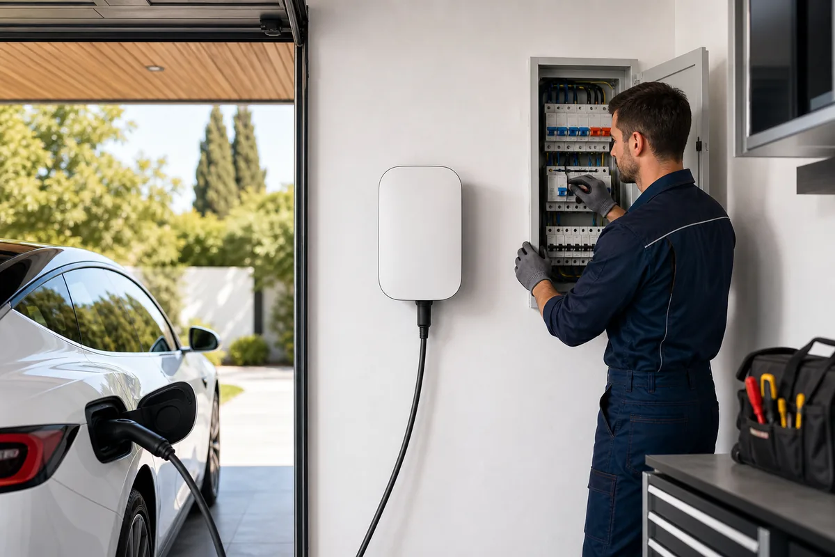 Électricien IRVE vérifiant la protection différentielle d’une borne de recharge dans un tableau électrique