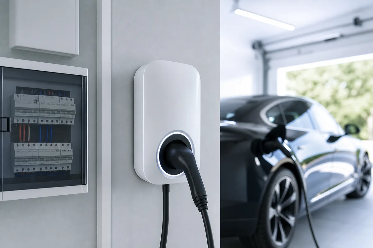 Borne de recharge domestique installée près d’un tableau électrique dans un garage