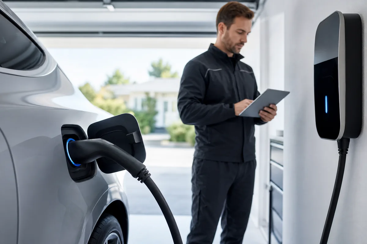 Voiture électrique branchée à une borne de recharge domestique avec un électricien IRVE vérifiant l’installation