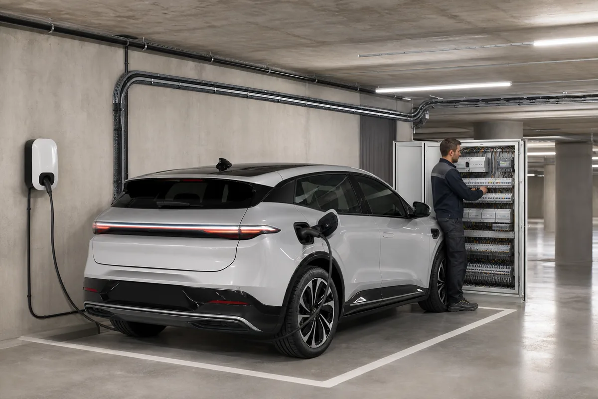 Électricien IRVE contrôlant une installation de recharge dans un parking d’immeuble