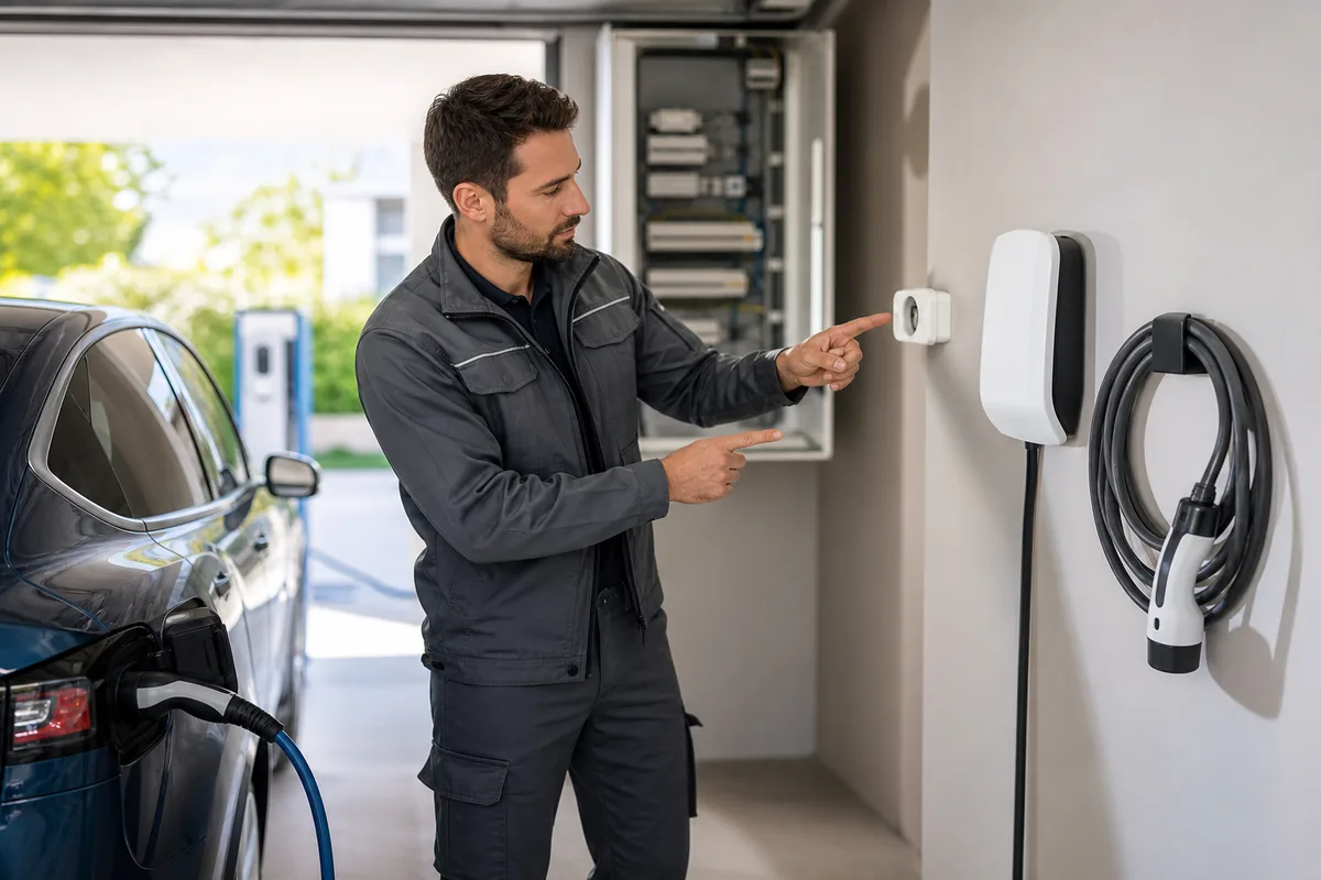 Électricien IRVE comparant une prise renforcée et une wallbox dans un garage