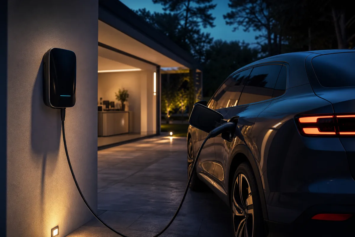 Voiture électrique branchée à une wallbox pendant la nuit devant une maison
