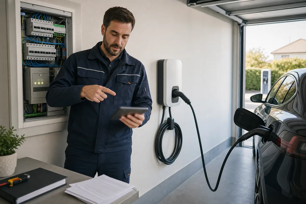 Électricien IRVE contrôlant une wallbox pour calculer la rentabilité d’une borne de recharge