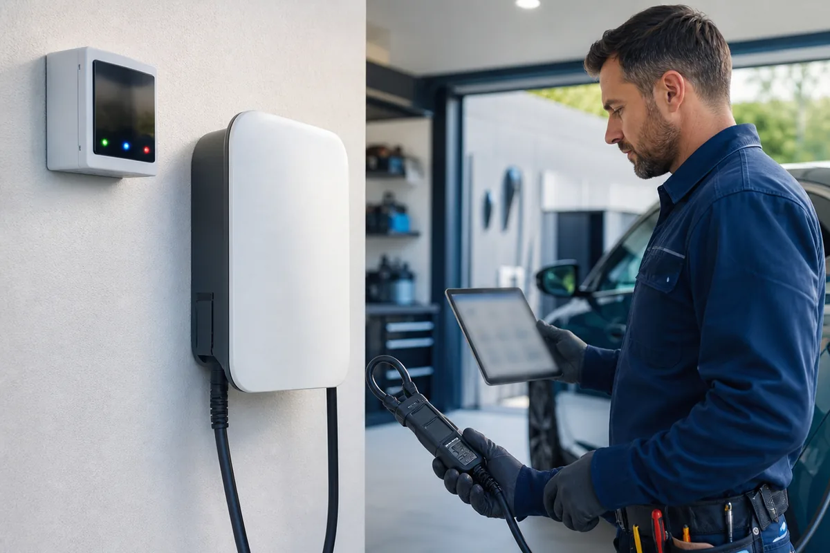 Électricien IRVE contrôlant la consommation d’une wallbox dans un garage résidentiel