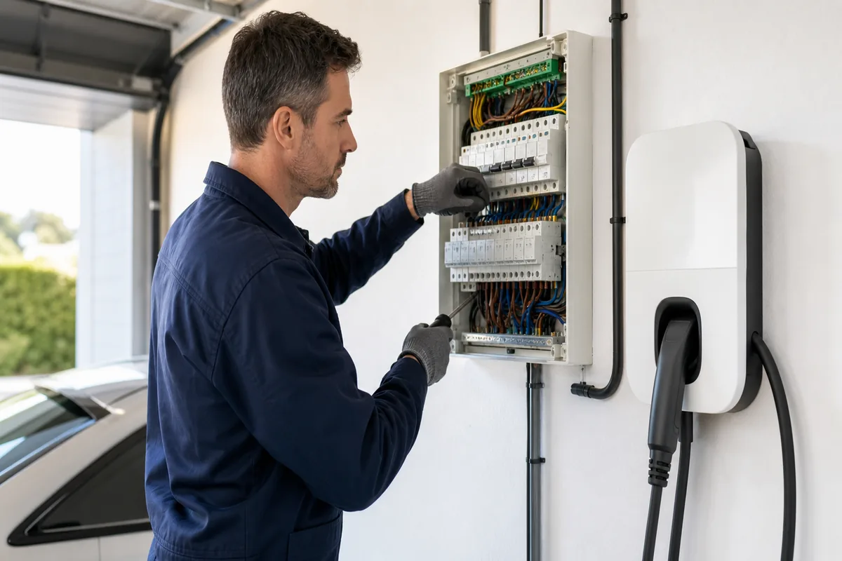 Électricien IRVE contrôlant un tableau électrique ancien près d’une borne de recharge domestique
