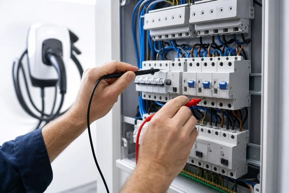 Contrôle d’un tableau électrique dédié à une wallbox avec une borne floue en arrière-plan