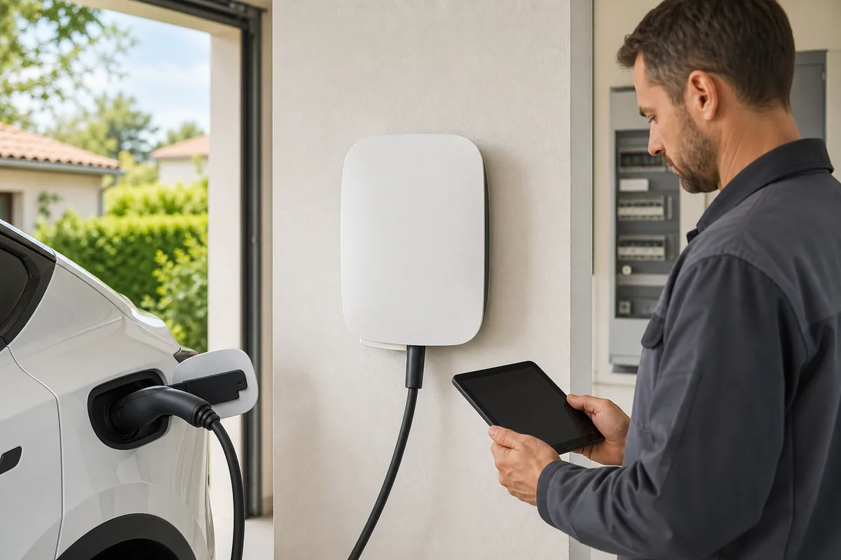 Électricien vérifiant une borne de recharge installée dans un garage résidentiel