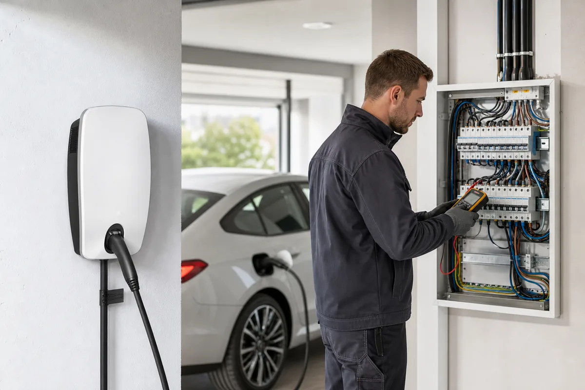 Électricien IRVE contrôlant un tableau électrique pour une wallbox 11 kW