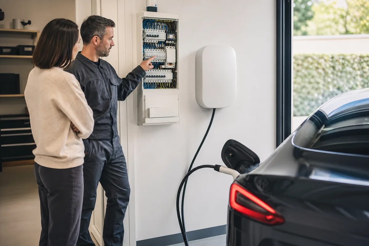 Électricien IRVE vérifiant une installation domestique avant une wallbox 22 kW