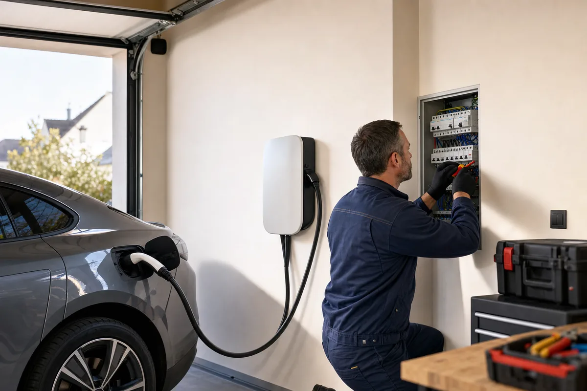 Électricien IRVE vérifiant une wallbox domestique 3,7 kW dans un garage résidentiel
