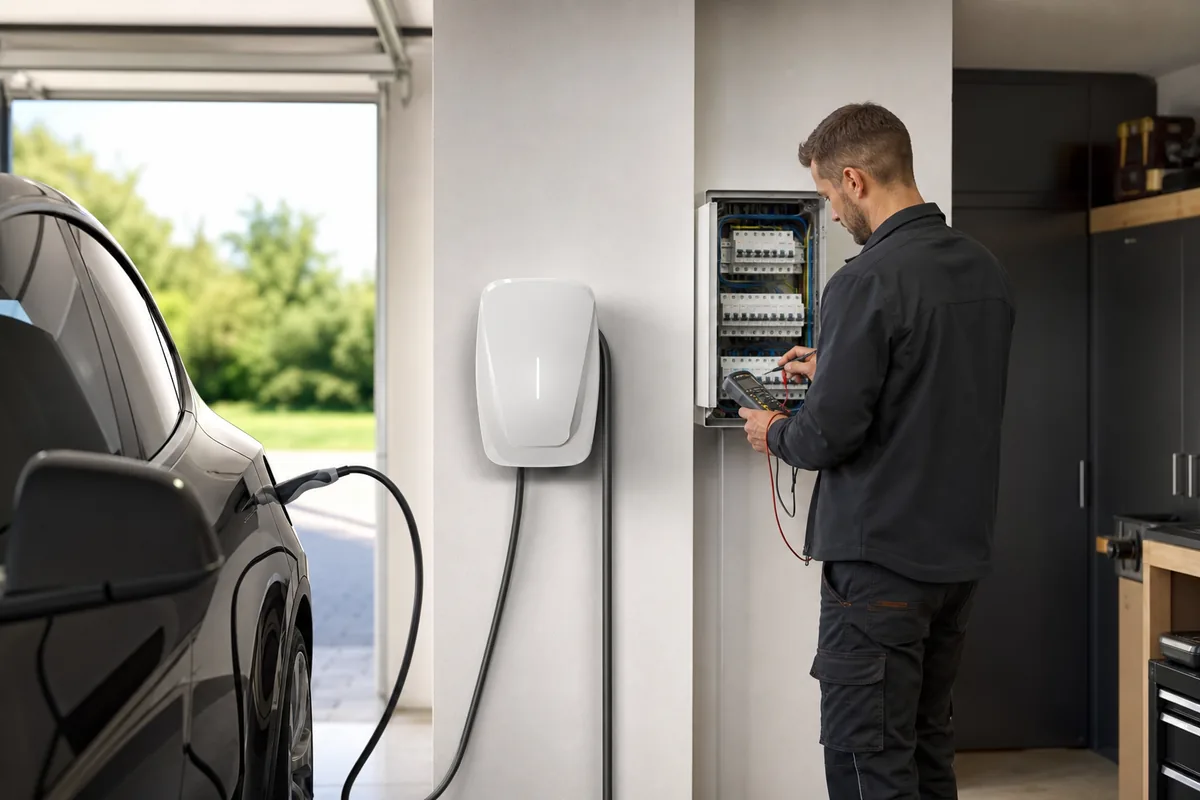 Électricien IRVE vérifiant un compteur électrique avant la pose d’une wallbox 7,4 kW
