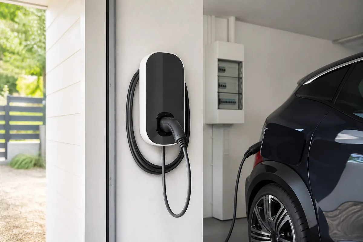 Wallbox 7 kW installée dans un garage résidentiel avec une voiture électrique branchée