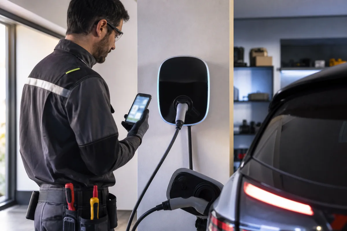Électricien IRVE contrôlant une wallbox connectée avec une application mobile
